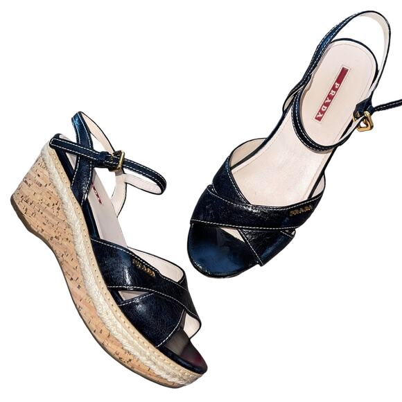 Prada Espadrille Sandals Platform Wedge - Picture 1 of 9